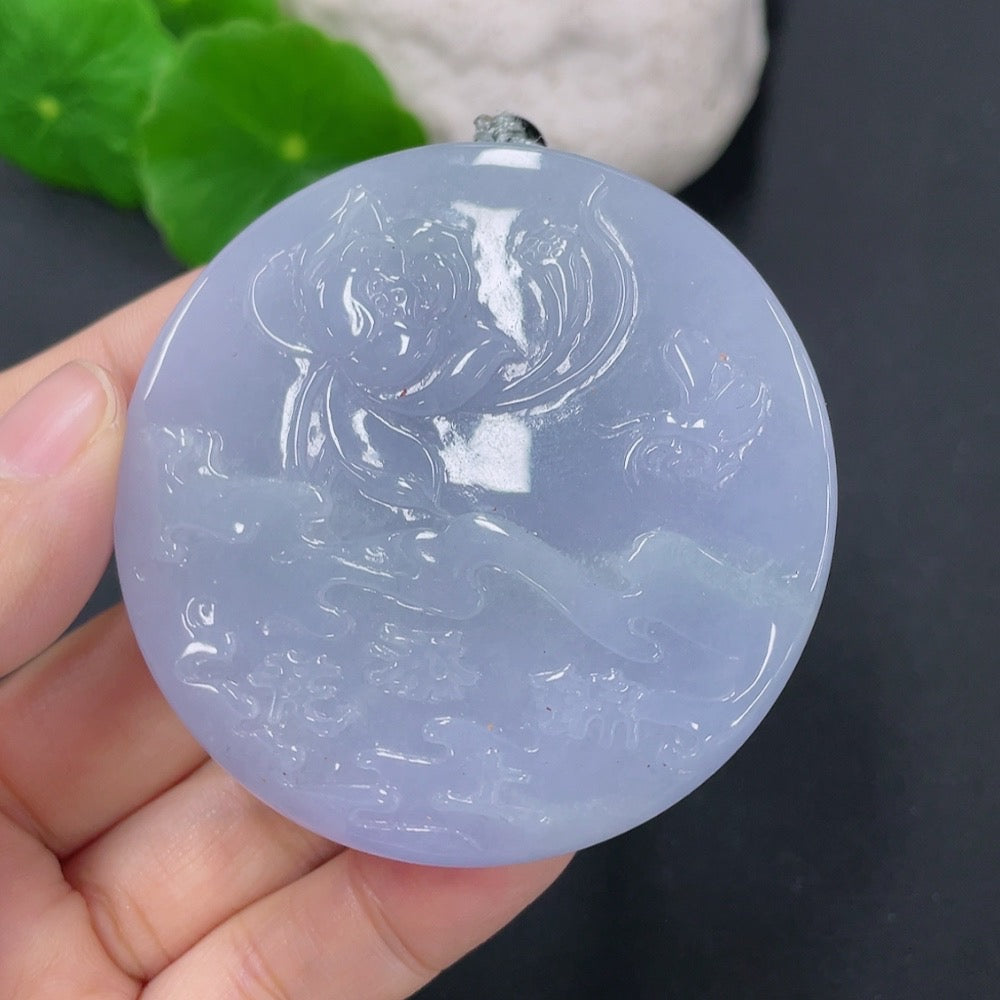 Jadeite pendant with lotus design, weighing 83.62g, featuring a rope and non-A beads, from HUILIU HQ.