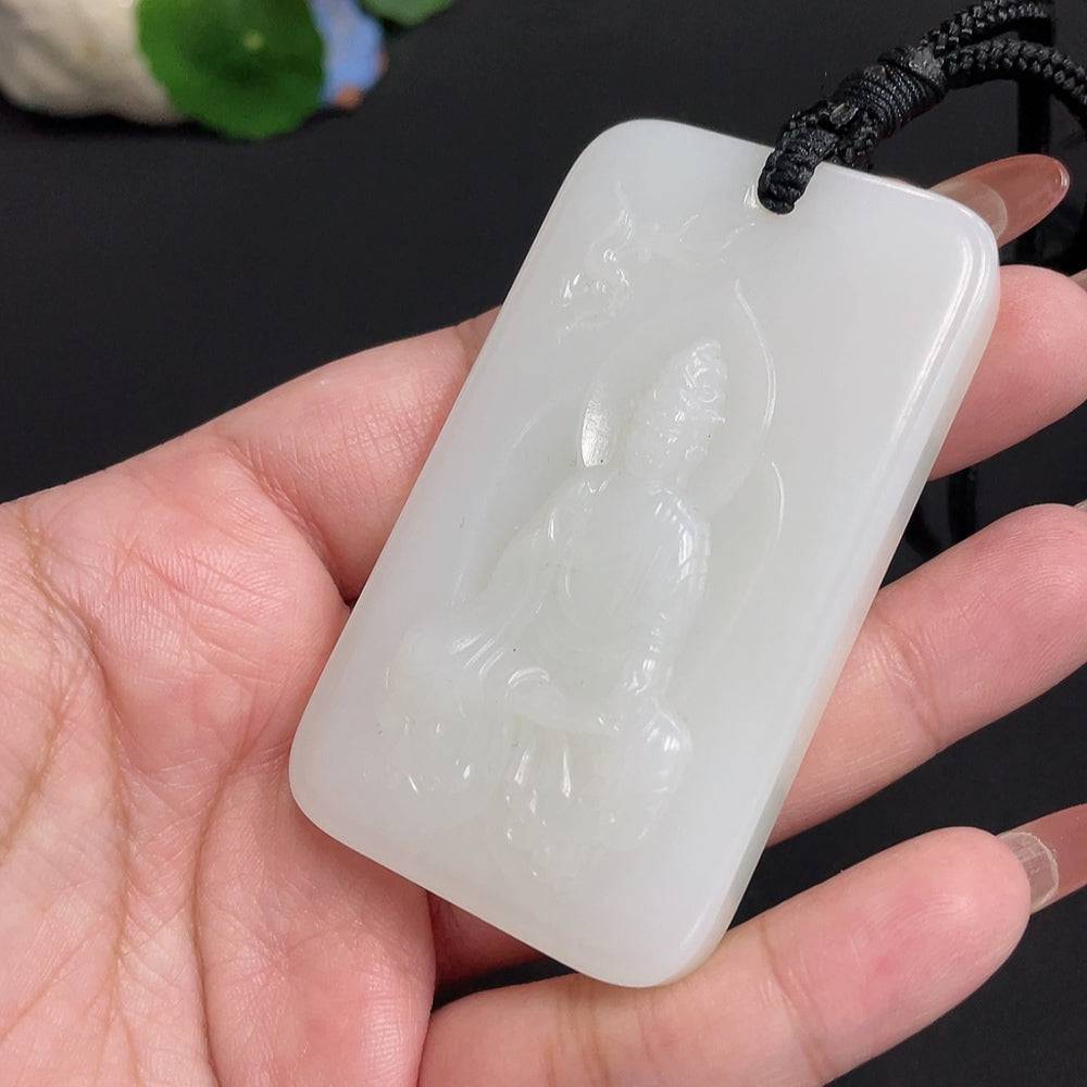 Huiliu certified Hetian jade Guanyin pendant with rope, featuring intricate carved details on smooth green jade.