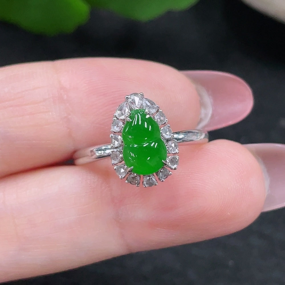 Jadeite Inlaid Ring . with Diamond Accents | Huiliu Certified
