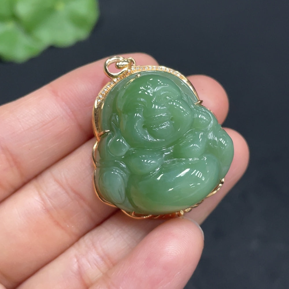 Hetian Jade Jasper Inlaid Buddha . With Diamond Accents | Huiliu Certified