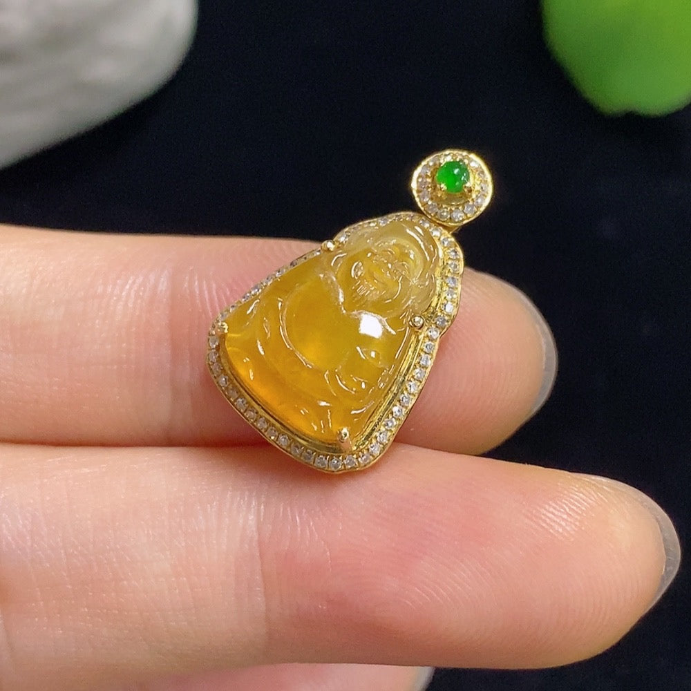 Jadeite Wealth God pendant necklace with 18K gold and diamond accents, featuring intricate design and craftsmanship.