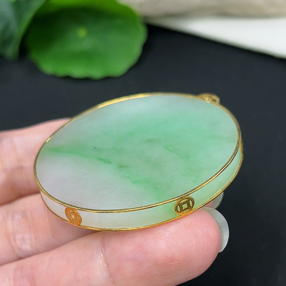 Jadeite plain pendant necklace with 18K gold setting, HKHQ brand, showcasing a smooth jade pendant on a gold chain.
