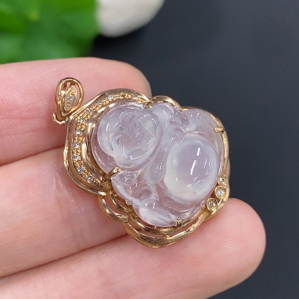 Jadeite Buddha Pendant with 18k Gold, Total Weight Approx. 4g, Diamond Accents