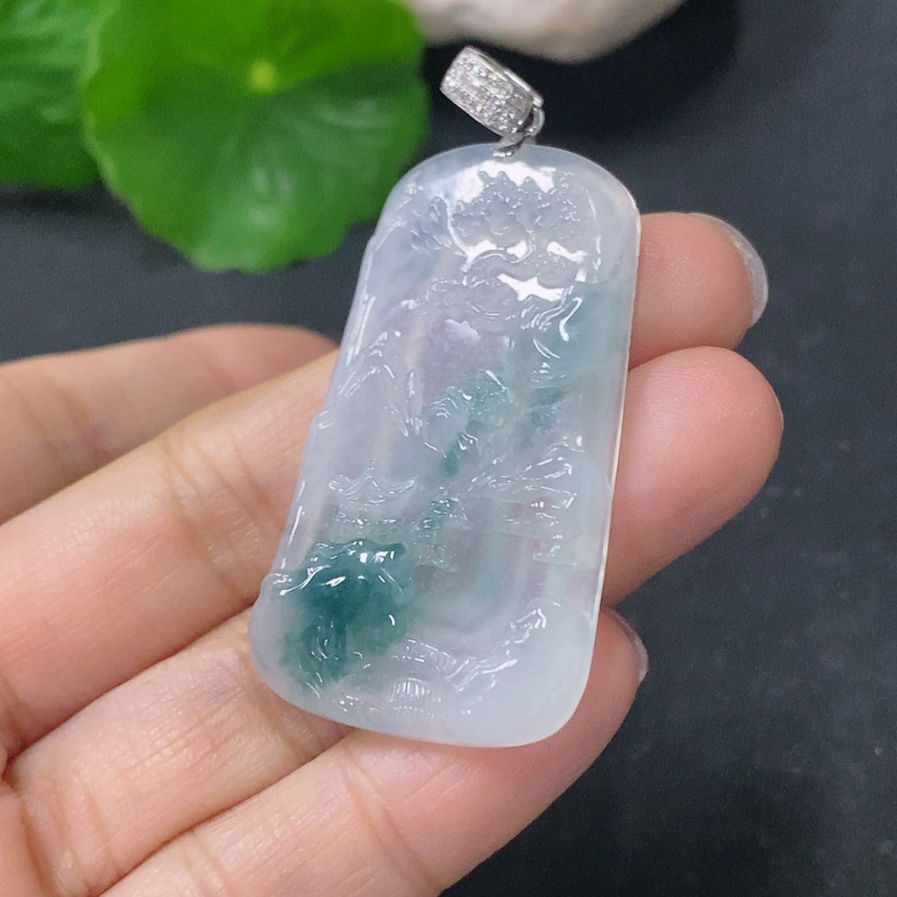 Jadeite Pendant Landscape Plaque with 18K Gold and Diamond Accents, Total Weight Approximately 12.97g