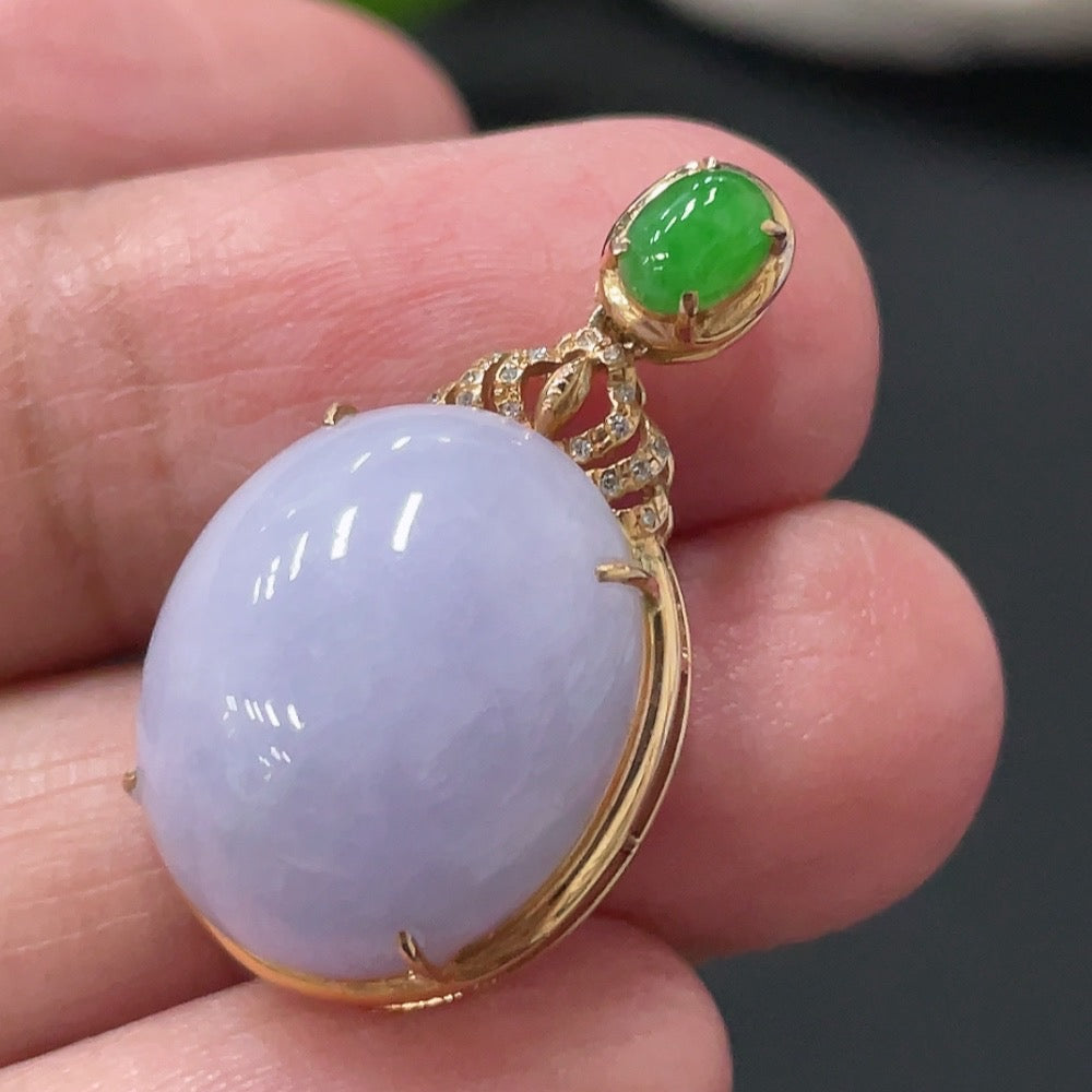 Huiliu Jadeite cabochon pendant with diamond accents, featuring intricate inlay work and polished jadeite stone.