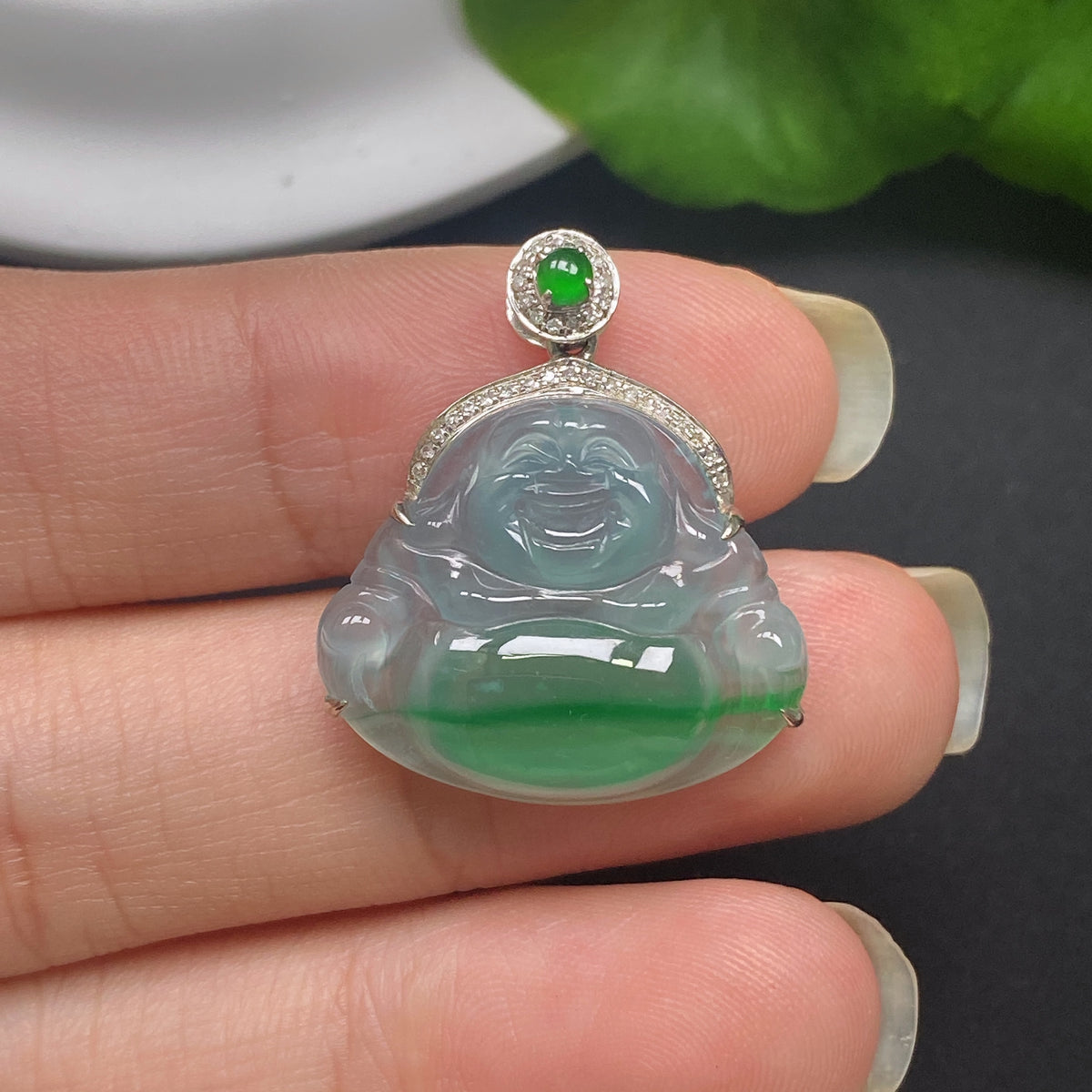 Jadeite Inlaid Pendant Buddha with Diamond Accents 18k Total Weight Approx. 2.85g