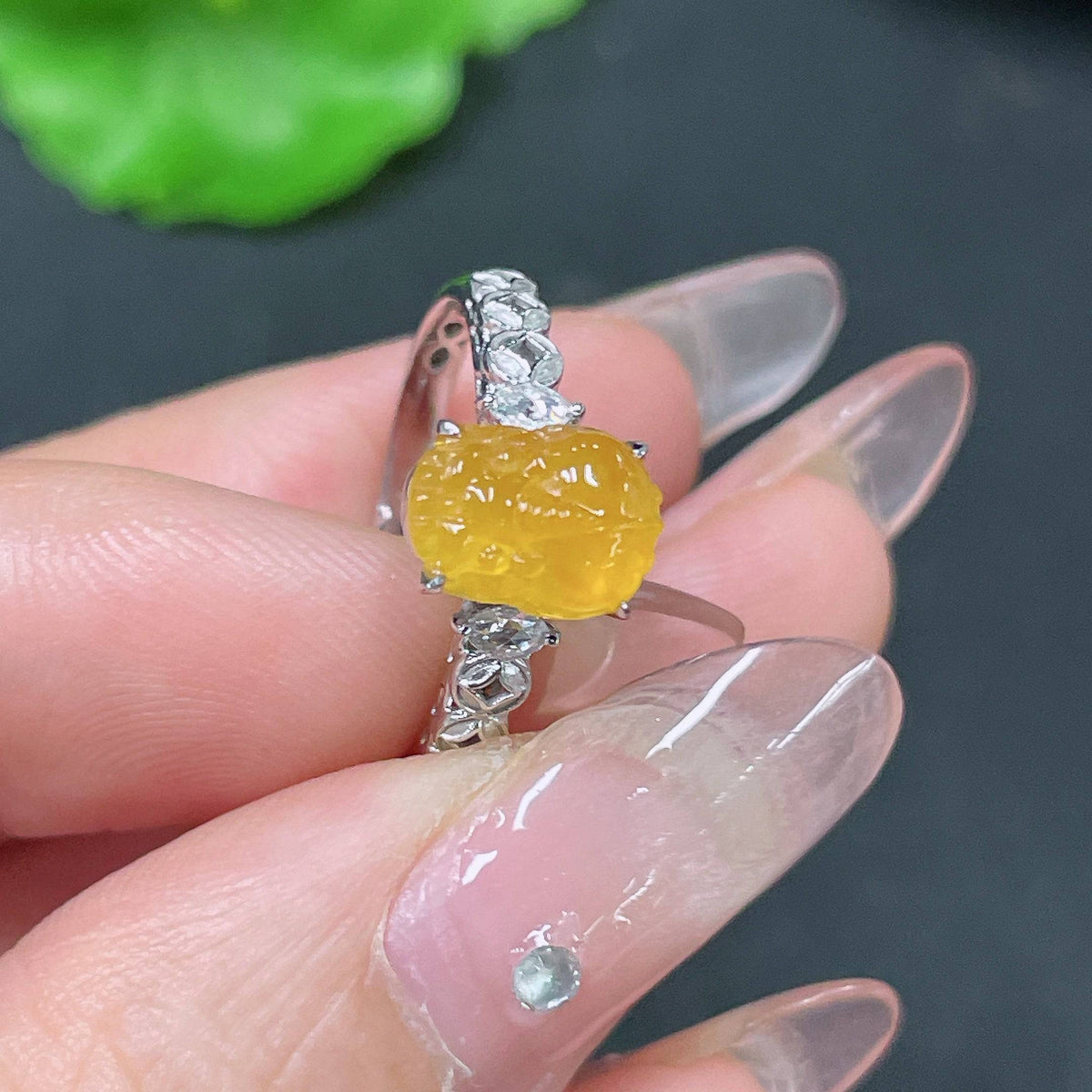 Jadeite jade ring with 18k gold inlay and diamond accents, size 13, from HUILIU HQ, featuring intricate design and vibrant green jade.