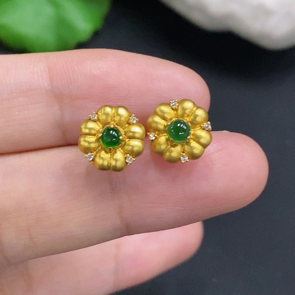 Jadeite Cabochon Stud Earrings 18k Gold Total Weight Approx.1.2g