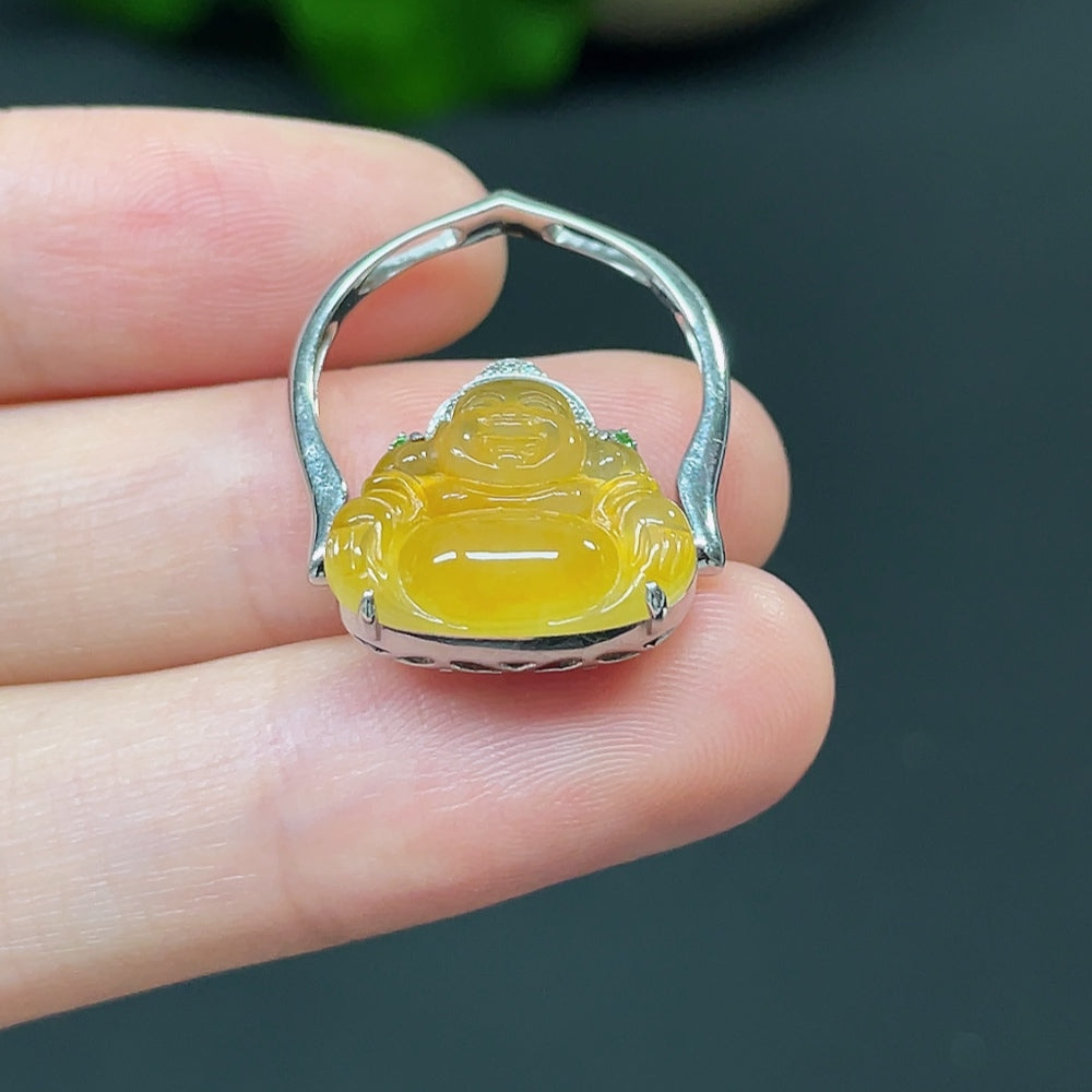 Jadeite Buddha Blessing Inlaid Pendant with 18K Gold and Diamond Accents (Colorless) Color Origin Undetermined