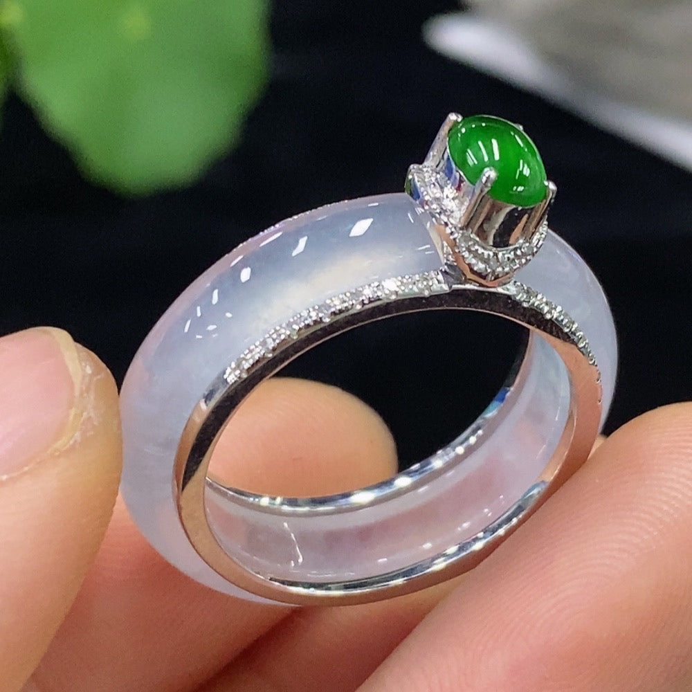 Elegant jadeite ring with diamond accent, 18k gold, size 20, from HUILIU HQ, showcasing smooth jade surface and sparkling details.