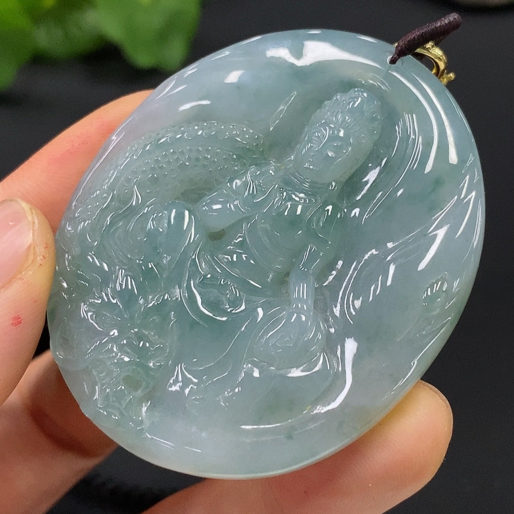Jadeite Dragon-Guarding Guanyin Pendant (Non-Gold-Inlaid)