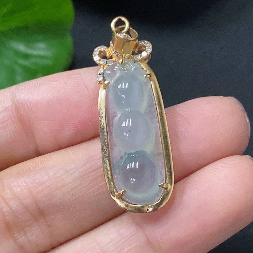 Huiliu Jadeite lucky bean pendant with diamond accents, inlaid design, tested and certified jade jewelry.