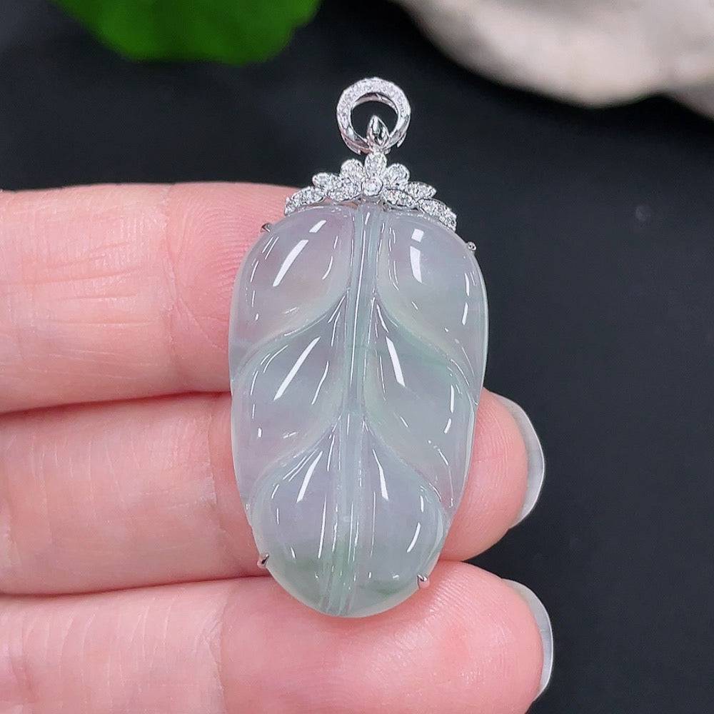 Jadeite leaf pendant with 18k gold and diamond accents, weighing approximately 4.34g, from HUILIU HQ.