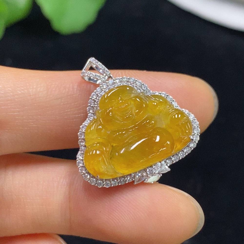 Jadeite Buddha pendant with 18k non-diamond setting, crafted from green jade, weighing approximately 3.57 grams.