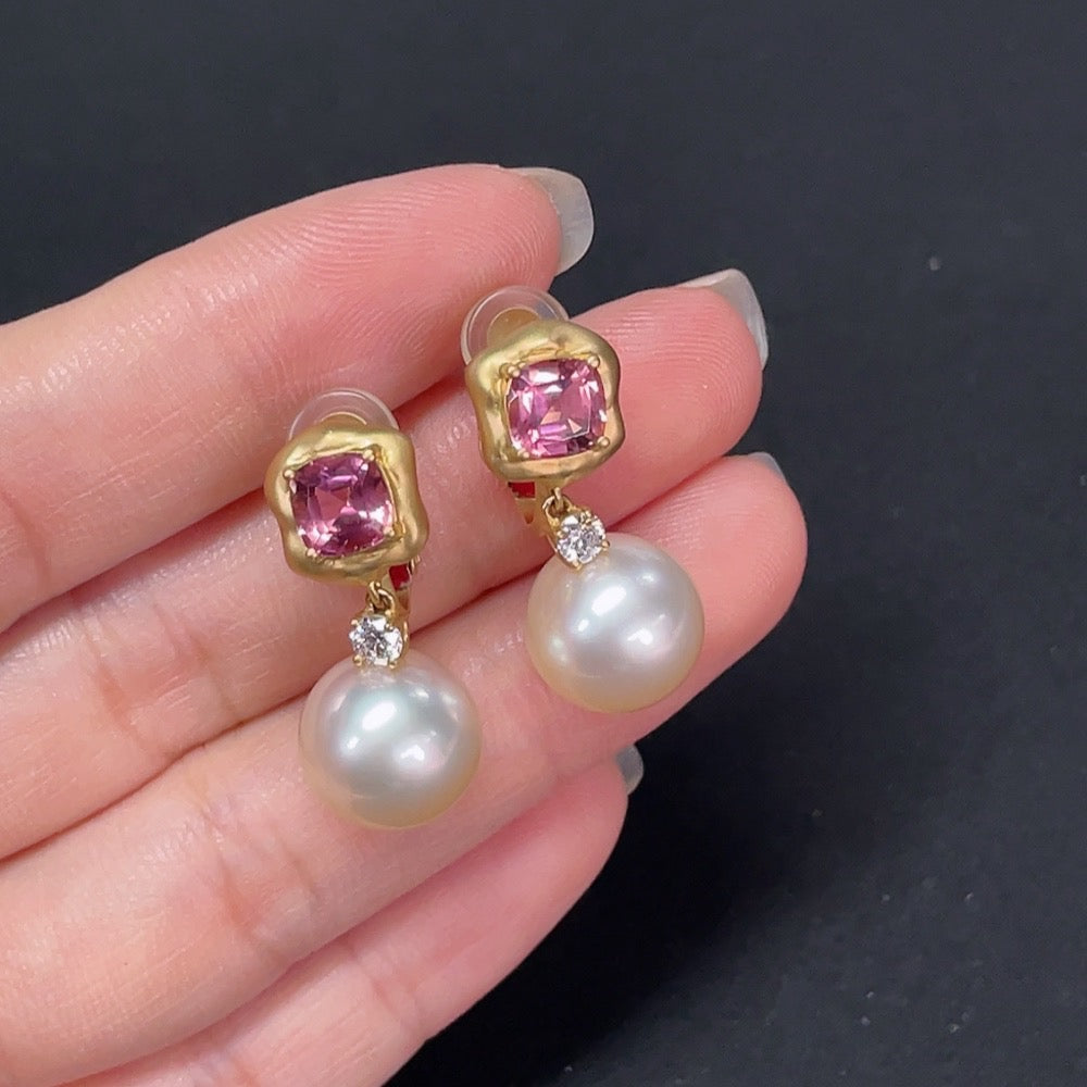 Saltwater Pearl Earrings with Diamond and Tourmaline Accents