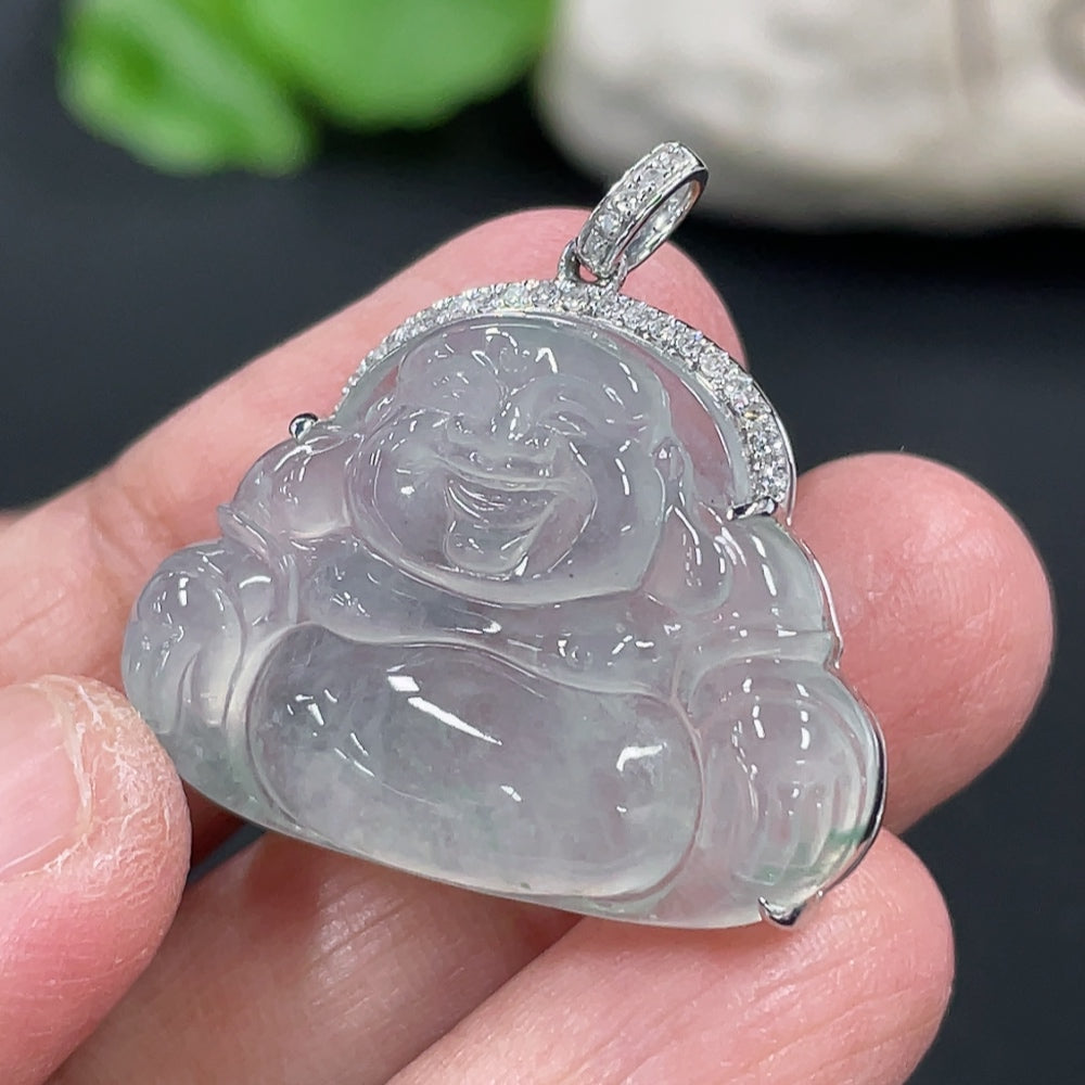 Jadeite Buddha Pendant, 18K Gold Setting with Diamond Accents