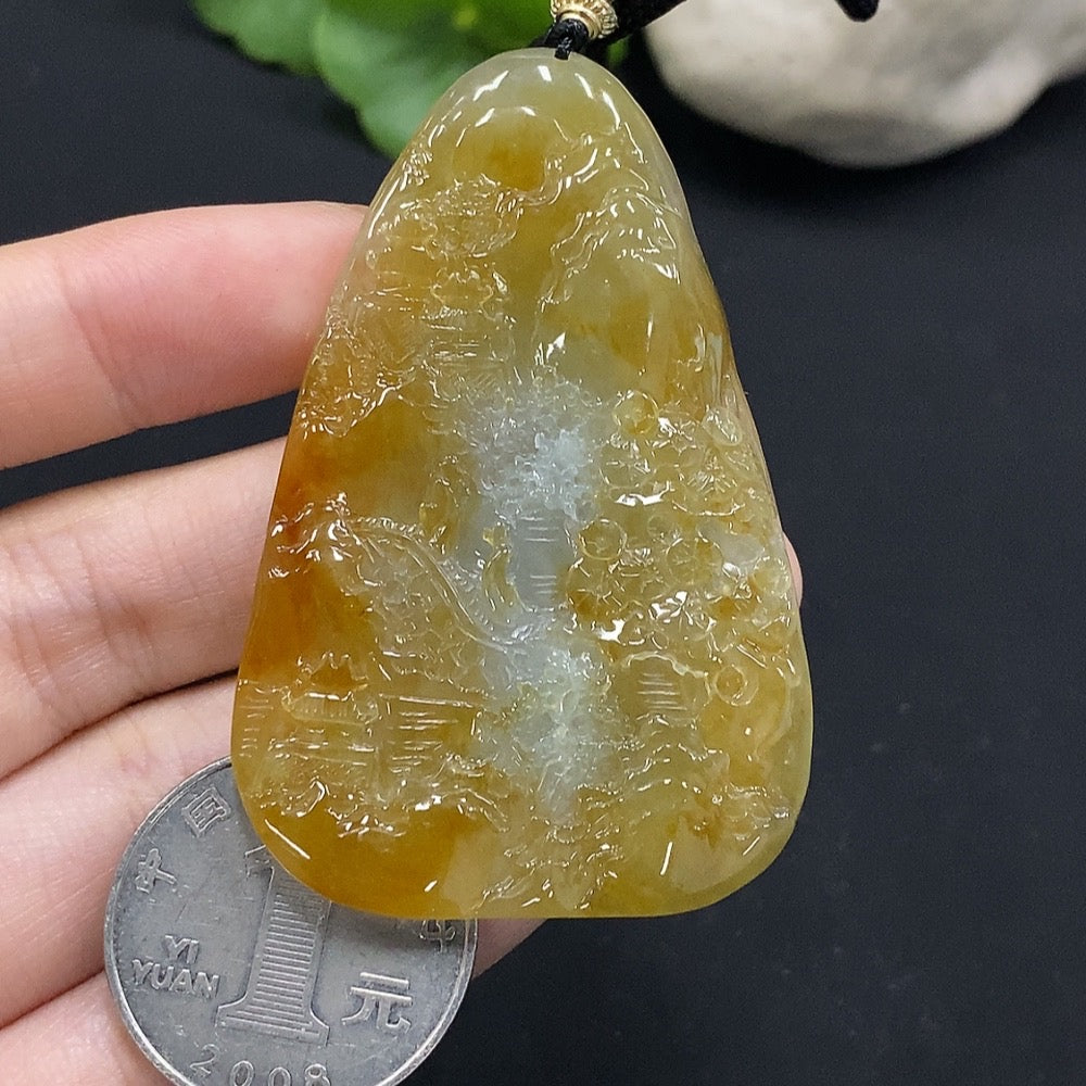 Jadeite Landscape Pendant Total Weight Approx. 29.34g Yellow Color Origin Undetermined