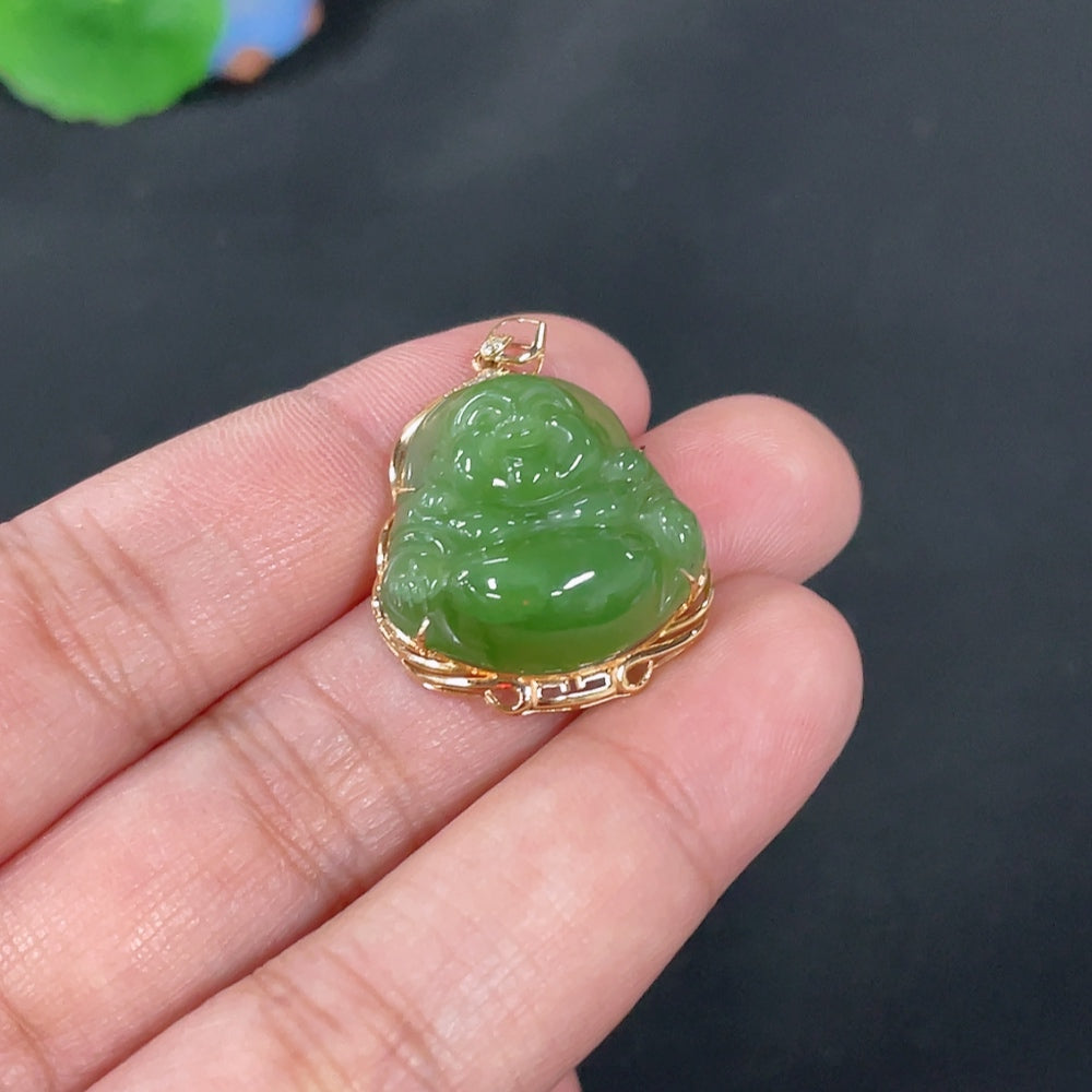 Hetian Jade Jasper Inlaid Pendant Buddha Total Weight Approx. 4.9g 18k Diamond Accents