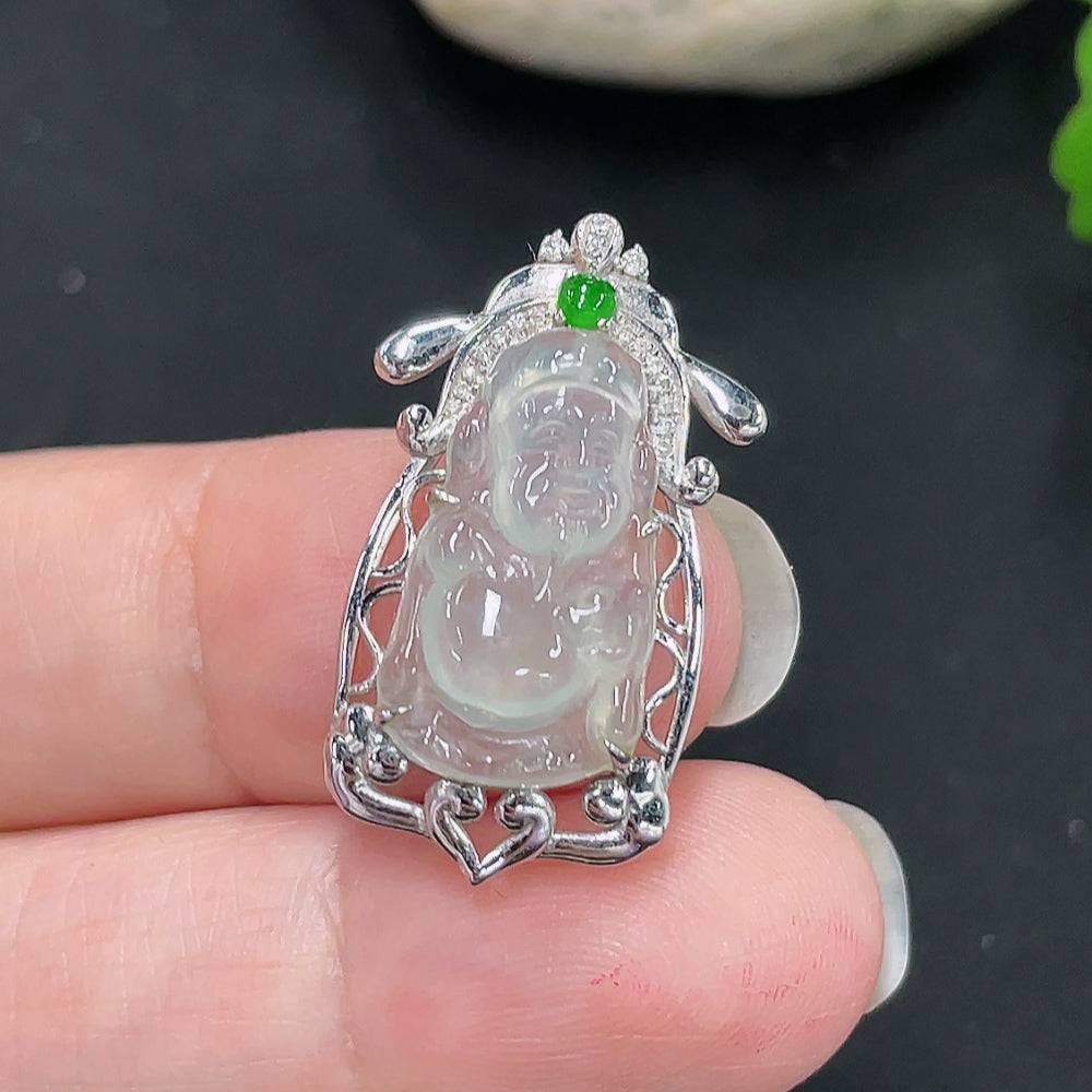 Jadeite Maitreya pendant with inlaid details in 18K gold, crafted by HUILIU HQ, featuring a smooth green jade surface.