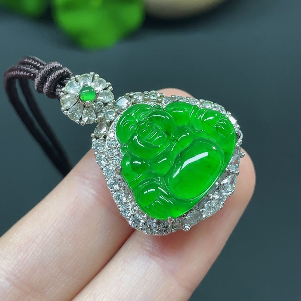 Jadeite Buddha pendant necklace by HKHQ featuring a green jadeite Buddha charm in a non-gold setting.