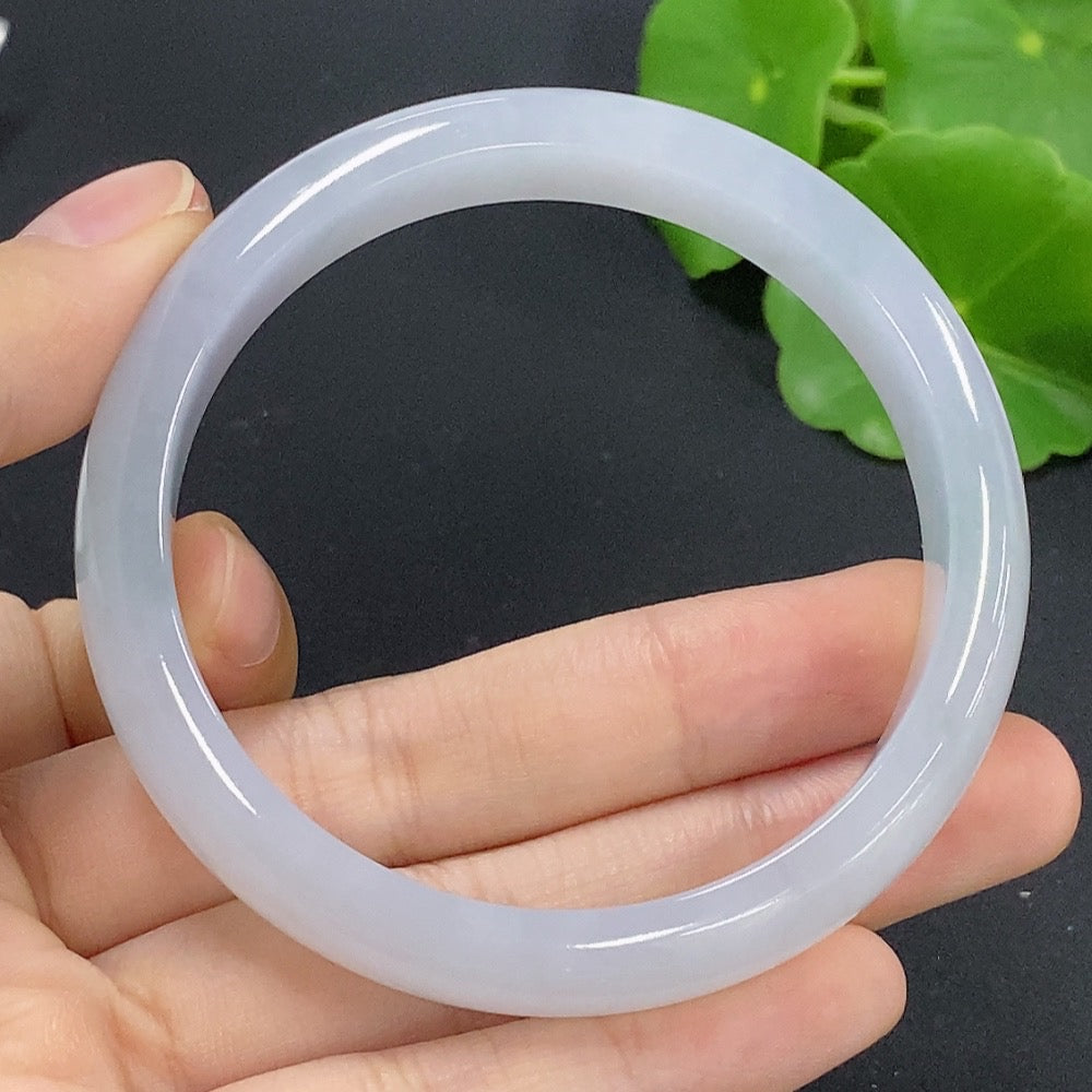 HKHQ jadeite round bangle in size 54.8 with a weight of 42.3g, showcasing smooth, polished green jadeite bracelet on a white background.