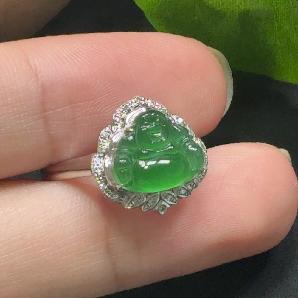 Jadeite Buddha ring by HKHQ featuring 18k gold accents and diamond details, size 15, with a detailed Buddha design.