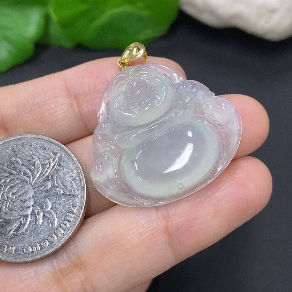 Jadeite Buddha pendant with 18K gold clasp, crafted from smooth green jade, weighs approximately 7.3 grams, by HUILIU HQ.