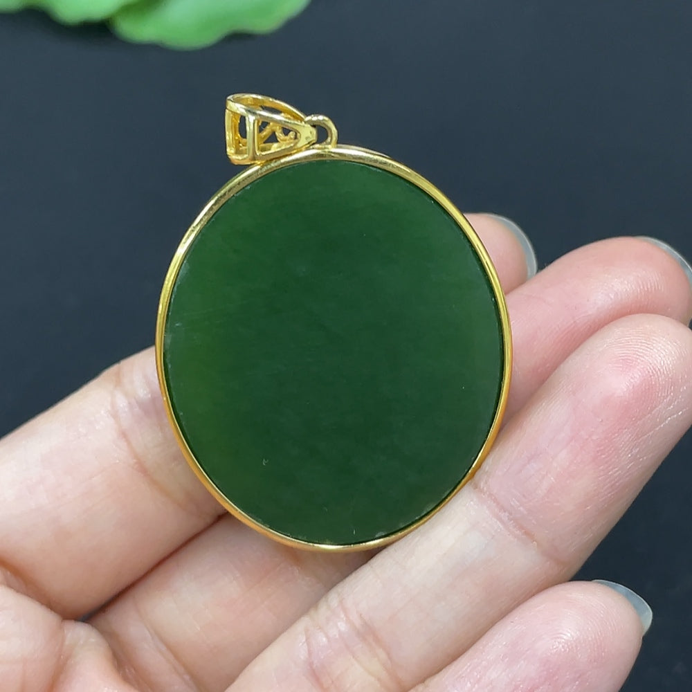 Green Hetian Jade Cabochon Pendant with 18K Gold Setting