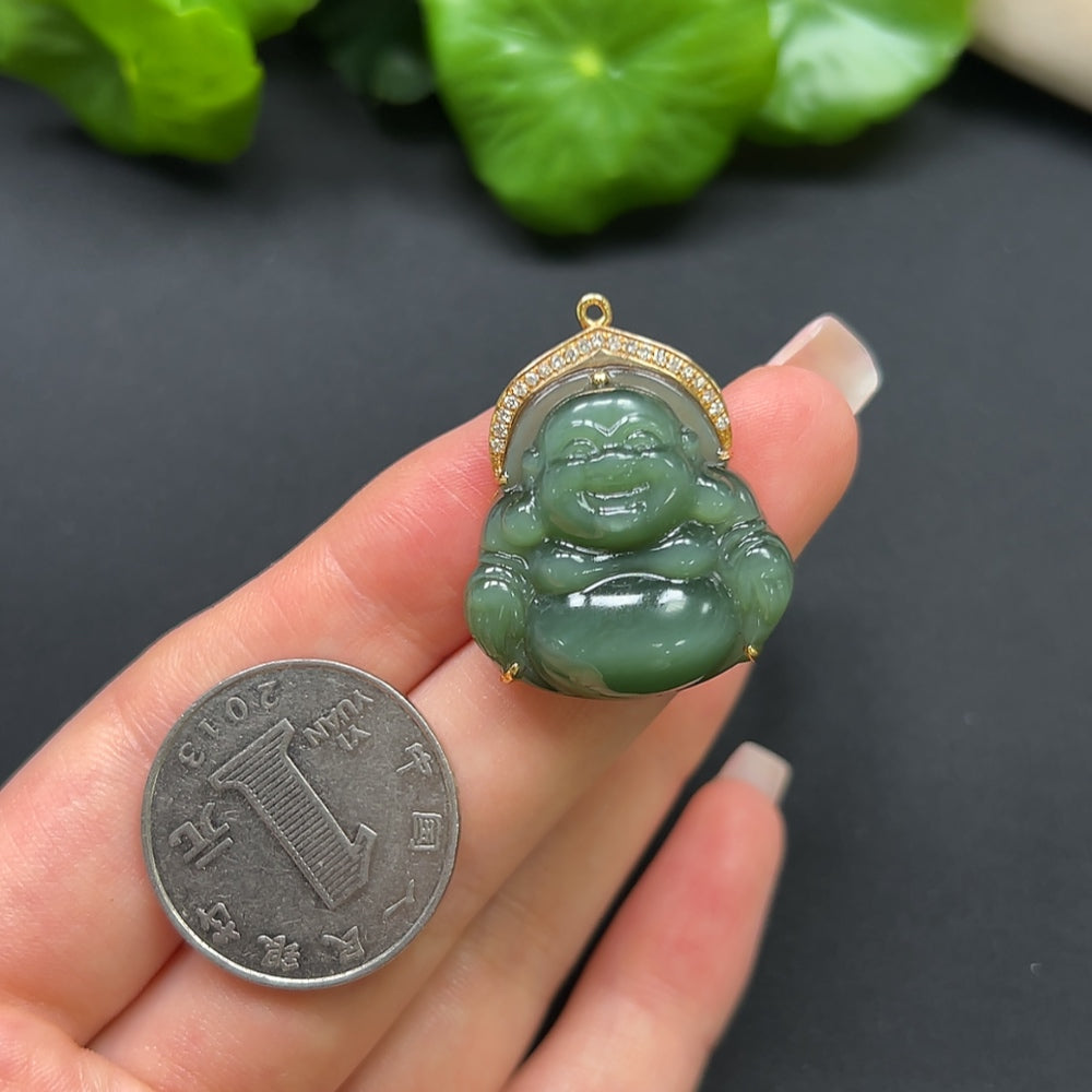 Hetian Jade Jasper Buddha Pendant with 70% Gold and Diamond Inlays