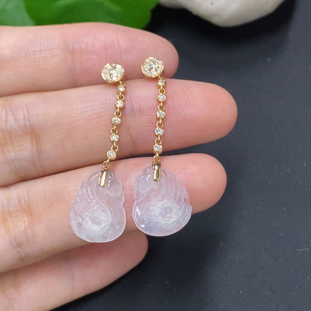 Jadeite swan inlaid earrings with 18k gold and diamond accents, crafted by HKHQ, featuring detailed jade and gold design.