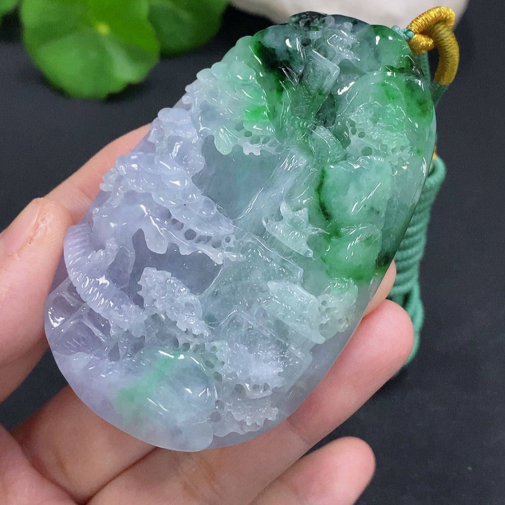Jadeite Landscape Pendant with Cord Total Weight Approx. 100.5g (Including Other Mineral Components)