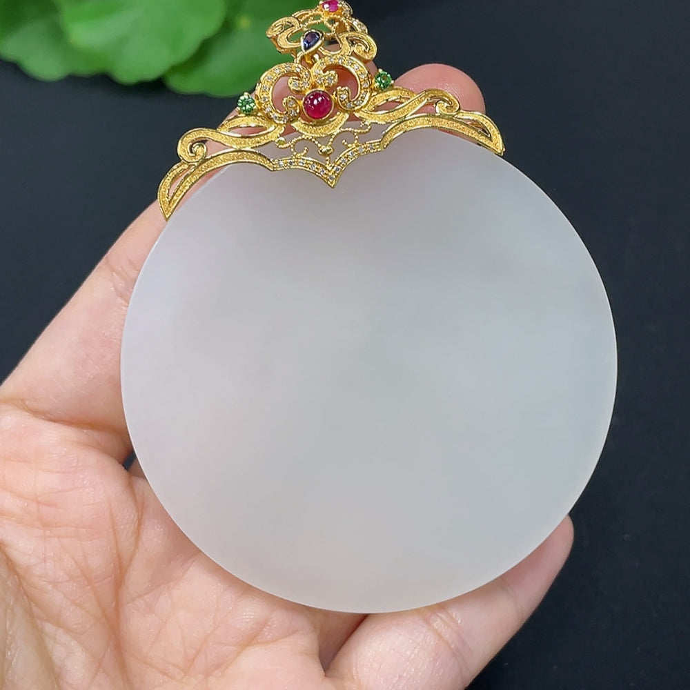 Hetian Jade Inlaid Plain Pendant 18k Gold Set with Colorless Diamonds