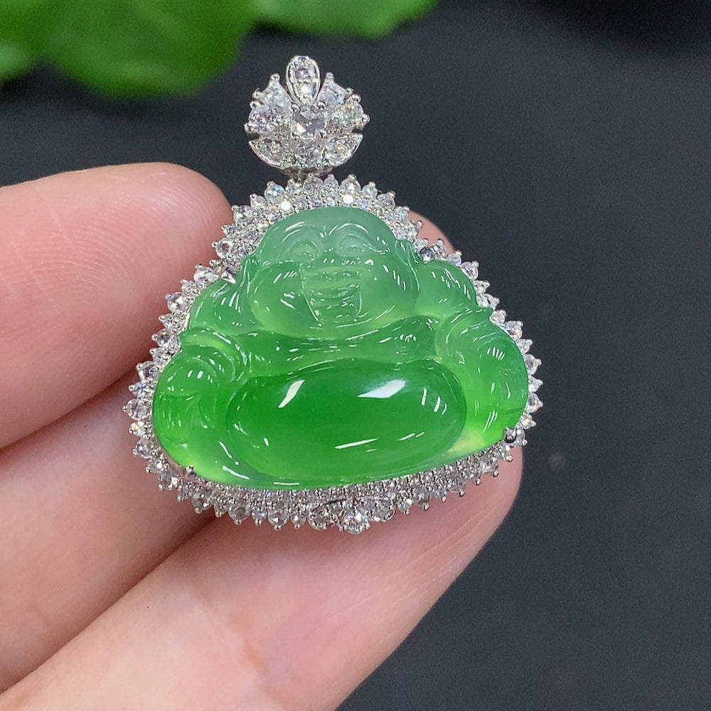 Jadeite Buddha Pendant with 18K Gold Setting, Total Weight Approx. 7.2g (Diamond Accented)