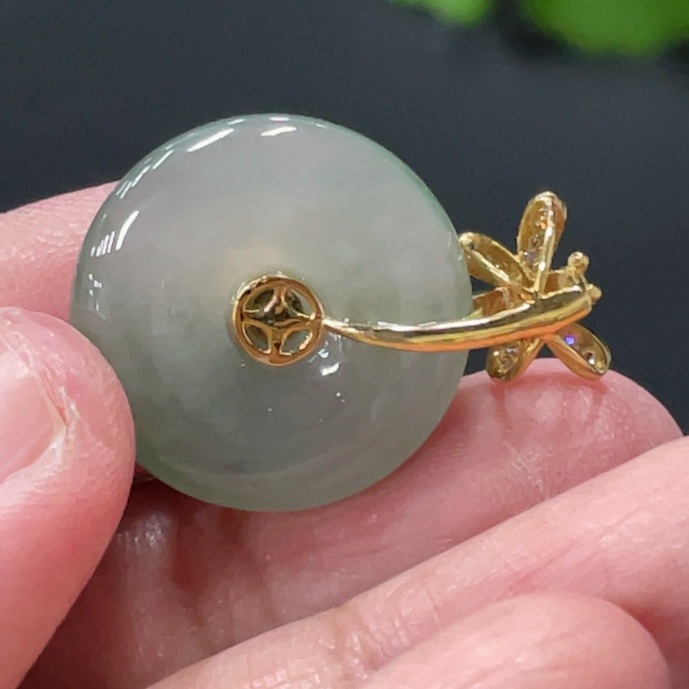 Jadeite Peace Pendant with 18K Gold Bail and Diamond Accents, Total Weight Approx. 5g