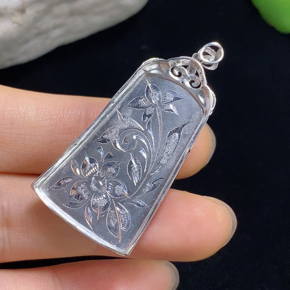 Jadeite Landscape Inlaid Pendant 18K with Diamond Accents
