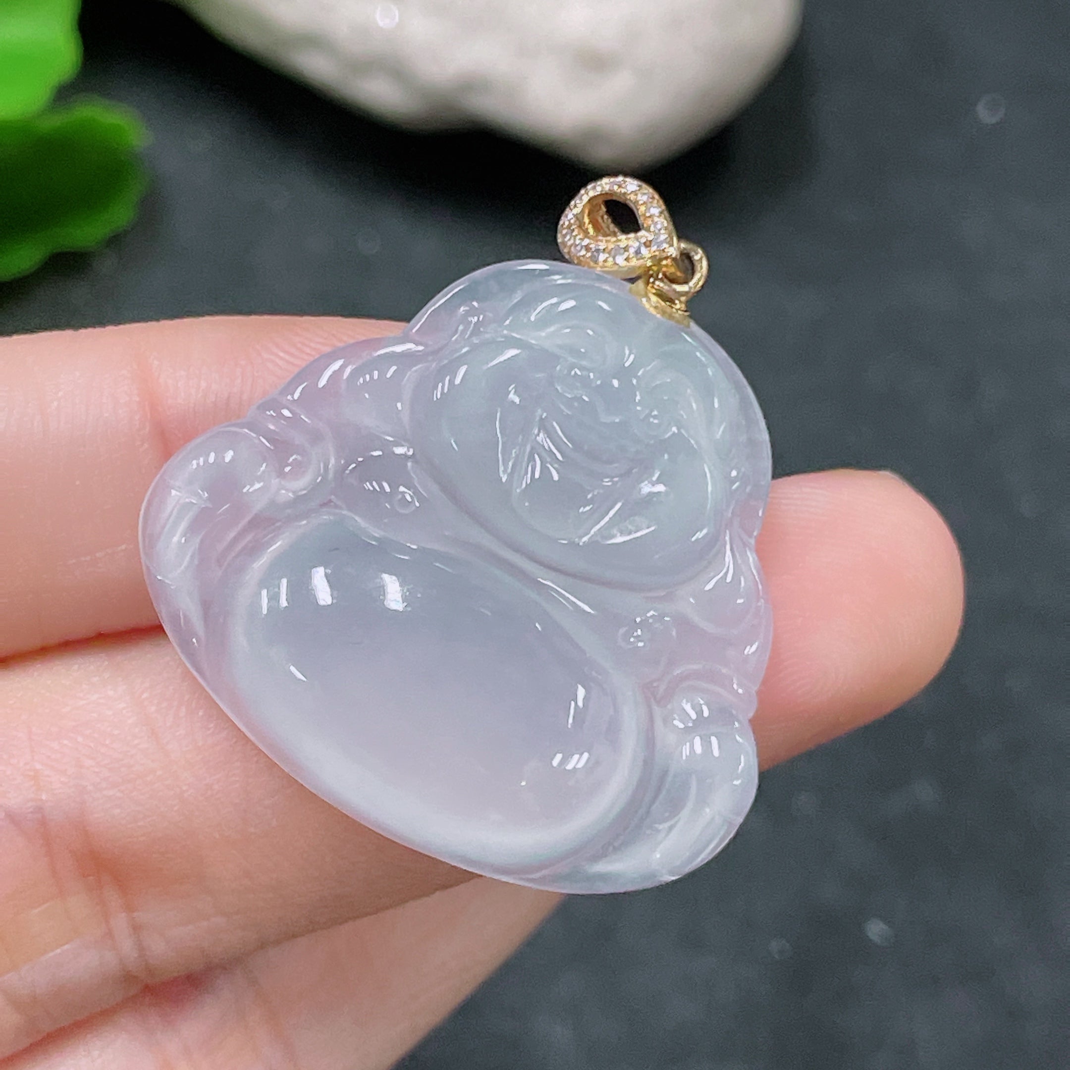 Jadeite Pendant Buddha Bail 18K Gold with Diamond Accent Total Weight Approx. 8g