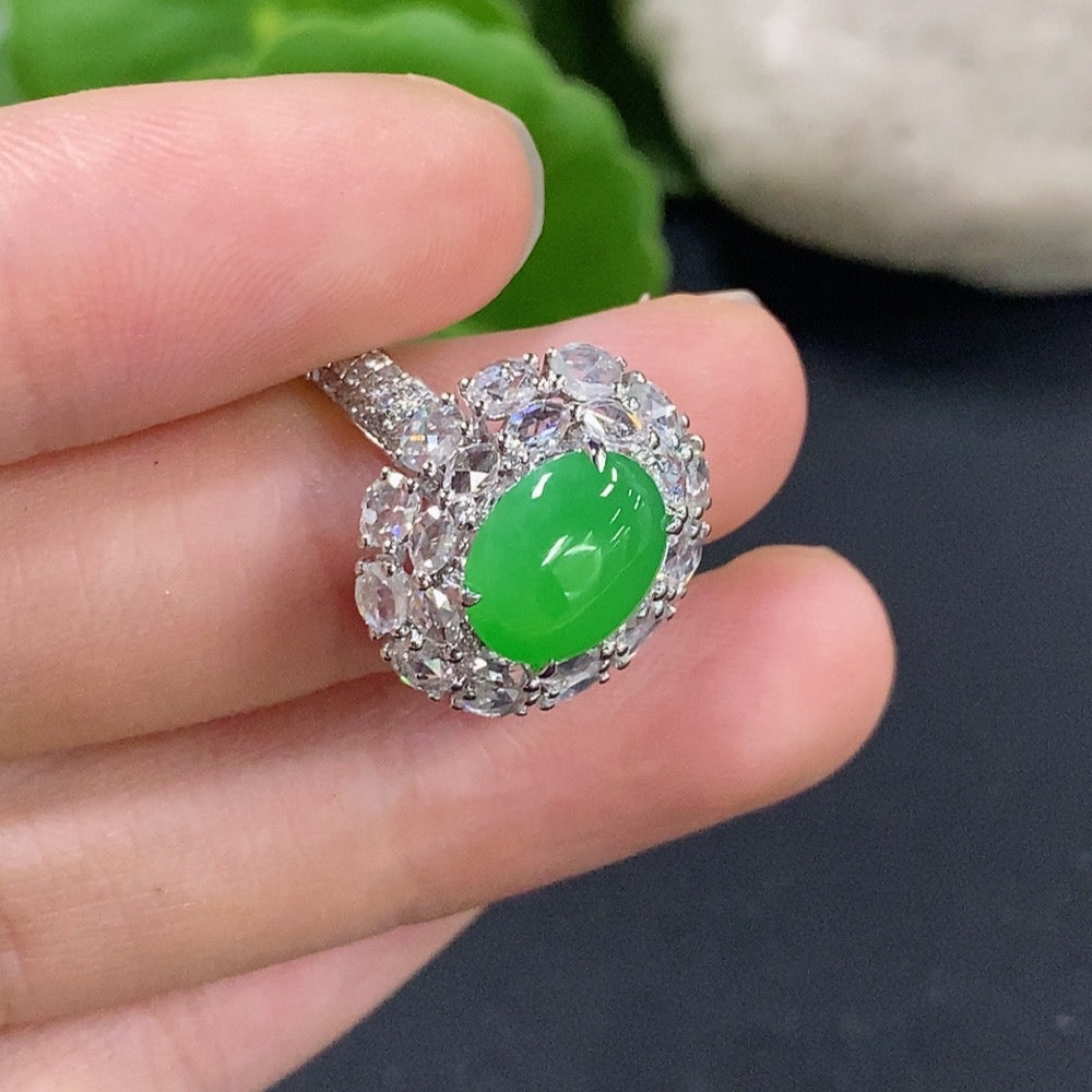Jadeite Cabochon Solitaire Ring with 18K Gold and Diamond Accents