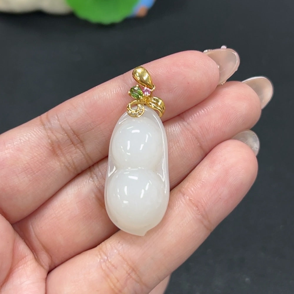 Hetian Jade Inlaid Pendant, Lucky Bean, Total Weight Approx. 9.3g, 18k Gold with Diamond Accents