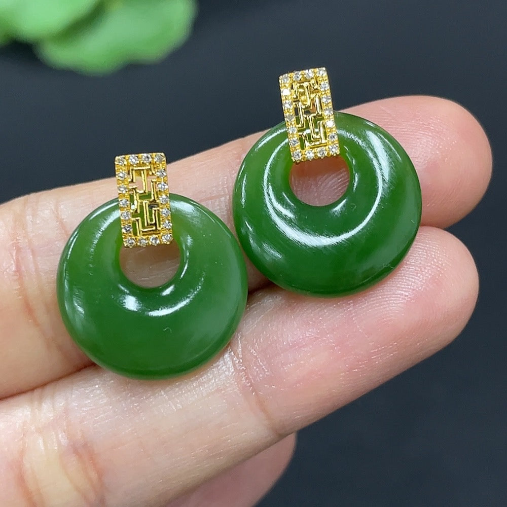 Green Hetian Jade Inlaid Earrings with Diamond Accents, 18K Gold