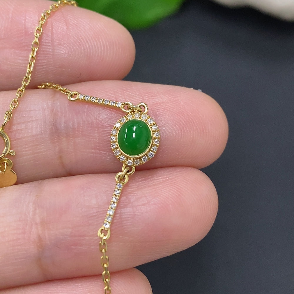 Jadeite Cabochon Inlay Bracelet 18K Gold Total Weight Approx. 1.1g (With Diamond Accents)