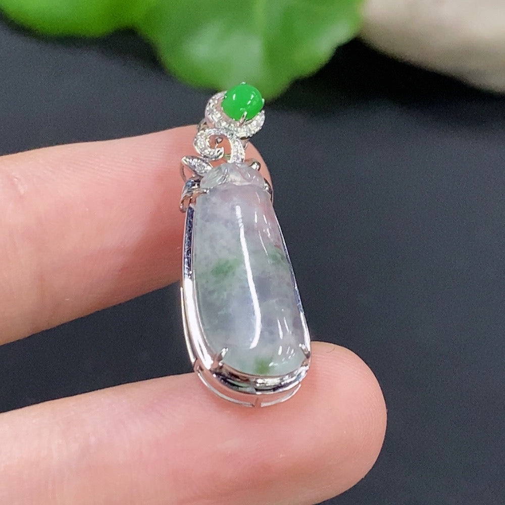 Jadeite auspicious gourd pendant with 18K gold accents and diamond details, displayed on a necklace chain.