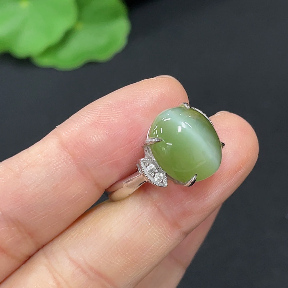 Hetian Jade Jasper Cabochon Inlaid Ring, 27% Gold Content, Accented with Diamonds