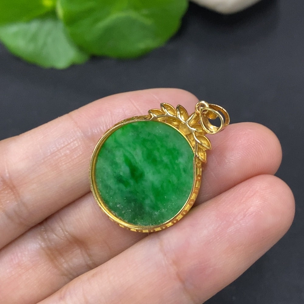 Jadeite plain pendant with 18K gold mount, featuring colorless diamonds, on a necklace chain. HKHQ jewelry with mineral accents.