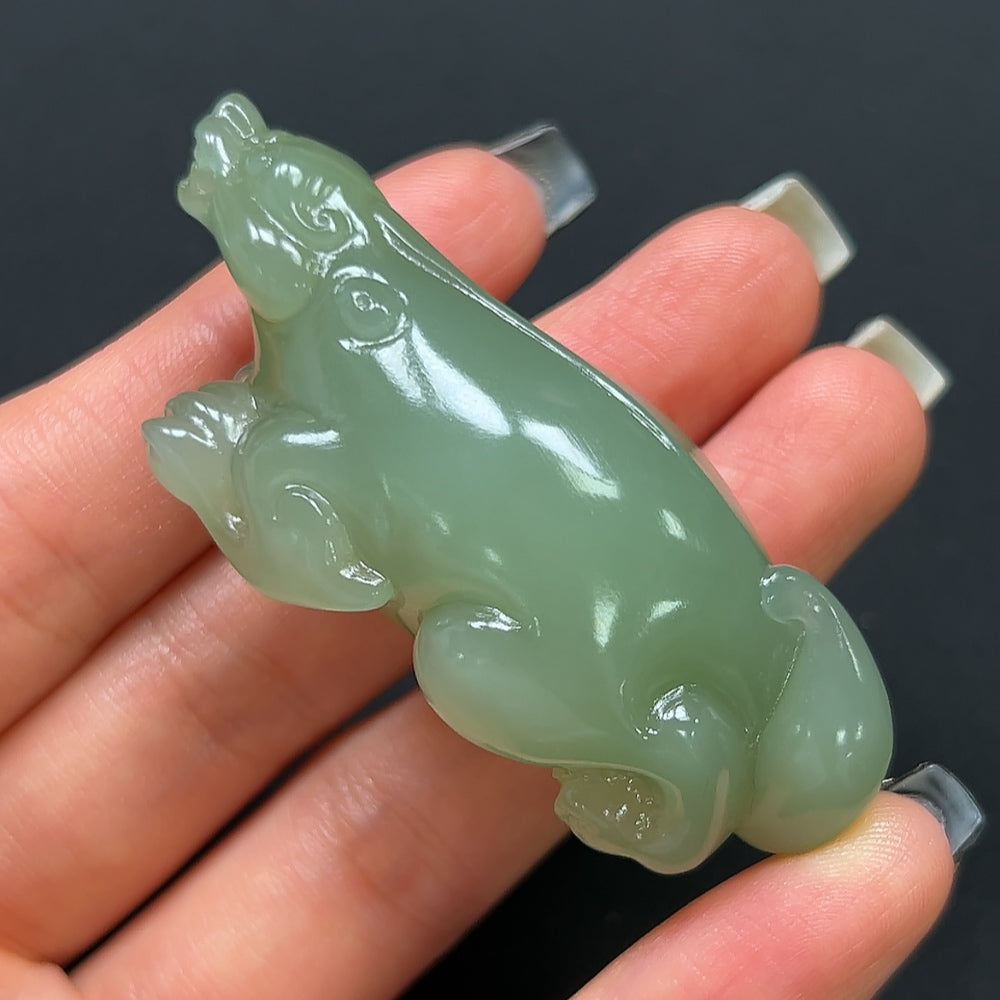 Hetian jade Pi Xiu pendant, HKHQ brand, featuring intricate carved design, weighs approximately 40g, made from high-quality green jade.