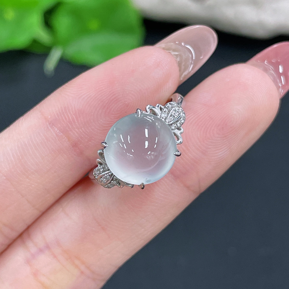 Jadeite ring with 18k gold inlay and diamond accents, size 15, weighing approximately 4.5 grams, jewelry by HKHQ.