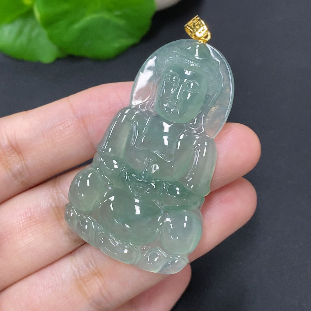Jadeite Guanyin Pendant with 18K Gold Clasp