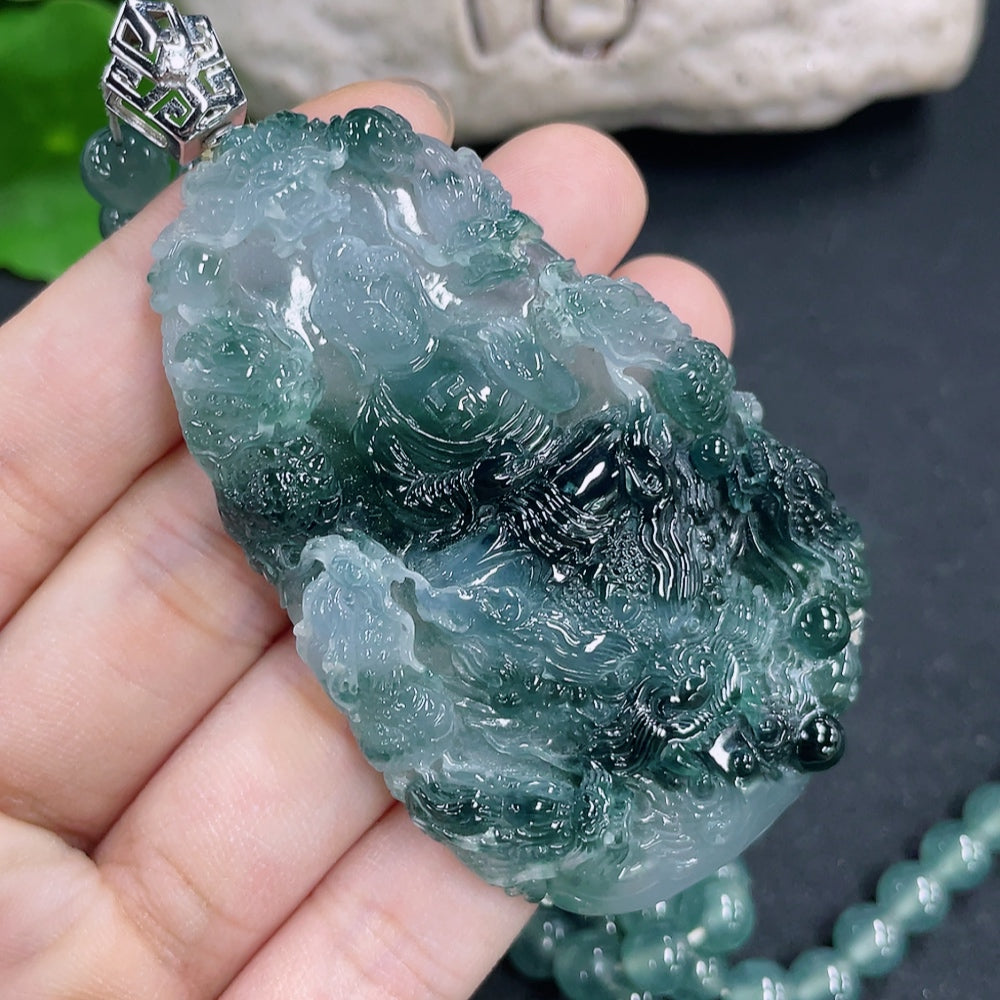 Jadeite Dragon Guardian Pendant with 18K Gold and Diamond Accents, Total Weight Approx. 95.54g (Including Chain)