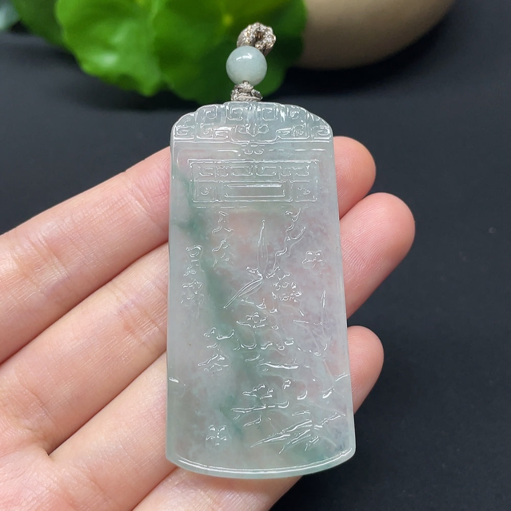 Jadeite Three Friends of Winter plaque with cord, featuring detailed carved figures, weighing approximately 17.89 grams.