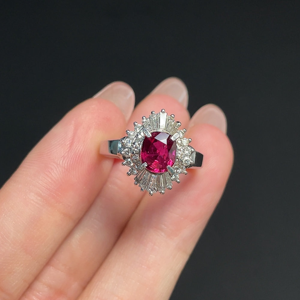 HKHQ Ruby and diamond accent PT900 gold ring, size 14, featuring vibrant gemstones and intricate design.