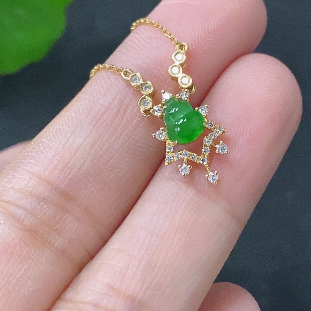 Jadeite Pendant with 18K Gold and Diamond Accents, Total Weight Approx. 2.25g (Including Chain)